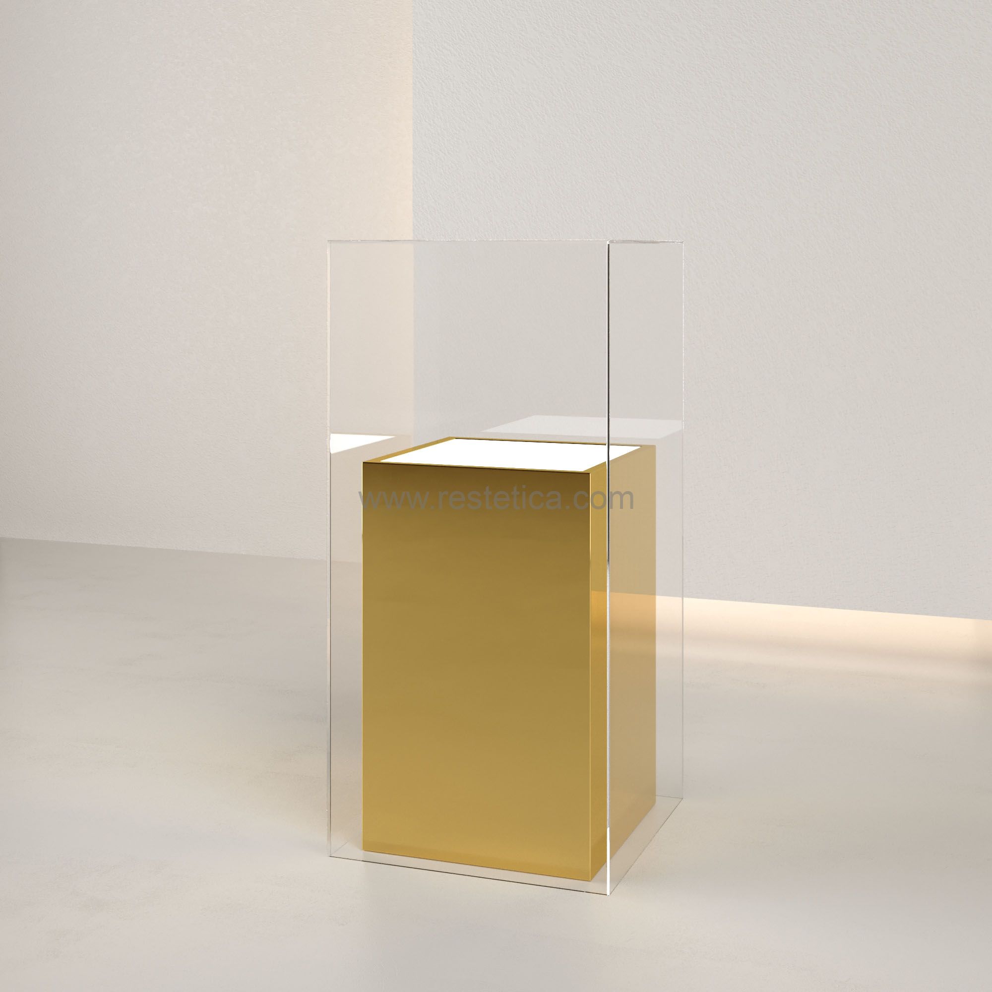 Teca in dibond oro con piano superiore luminoso e teca esterna in plexiglass  misure 35x35