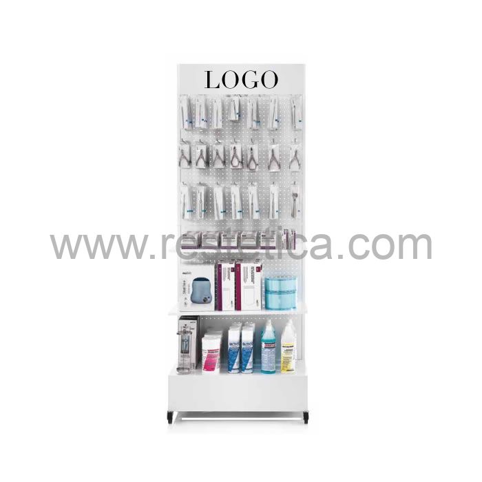 Multi-use wall display products with 4 wheels and 3 wide shelves with price strips