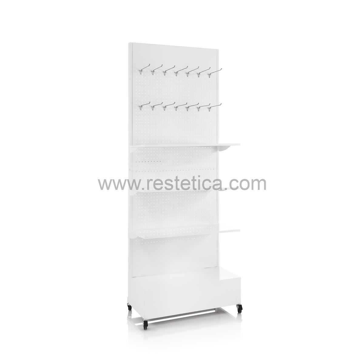 Multi-use wall display products with 4 wheels and 3 wide shelves with price strips